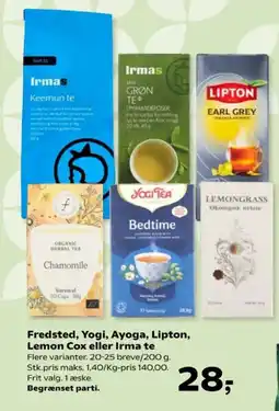 Kvickly Fredsted, Yogi, Ayoga, Lipton, Lemon Cox eller Irma te tilbud
