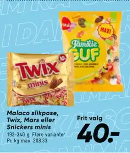 Bilka Malaco slikpose, Twix, Mars eller Snickers minis tilbud
