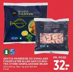MENY Gestus panerede fiskefileter / ekstra store grønlandske rejer tilbud
