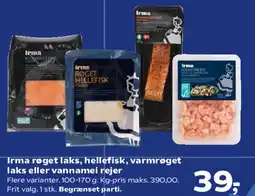 SuperBrugsen Irma røget laks, hellefisk, varmrøget laks eller vannamei rejer tilbud
