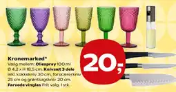 SuperBrugsen Kronemarked - farvede vinglas / knivset / oliesspray tilbud