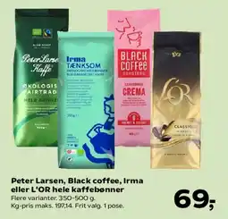 Kvickly Hele kaffebønner (Peter Larsen, Black Coffee, Irma, L'OR) tilbud