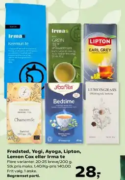 Kvickly Assorterede teer (Irma, Yogi, Lipton m.fl.) tilbud