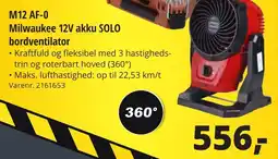 10-4 Byggecenter M12 AF-0 Milwaukee 12V akku SOLO bordventilator tilbud