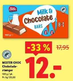 Lidl MISTER CHOC Chokolade-stænger (Milk & Chocolate Bars) tilbud