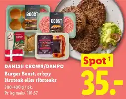Lidl DANISH CROWN / DANPO Burger Boost, crispy lårstæk eller ribsteaks tilbud