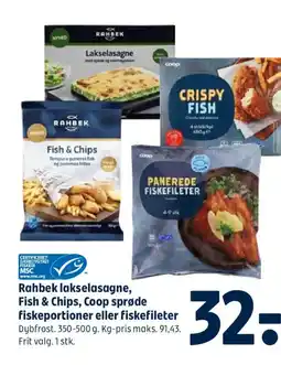 Coop 365 Rahbek lakselasagne, Fish & Chips, Coop sprøde fiskeportioner tilbud