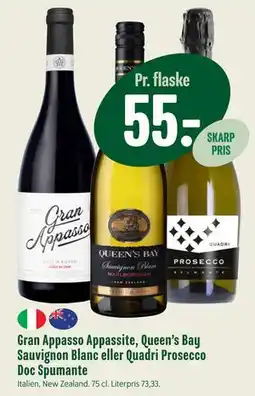 Min Købmand Gran Appasso Appassite, Queen’s Bay Sauvignon Blanc eller Quadri Prosecco Doc Spumante tilbud