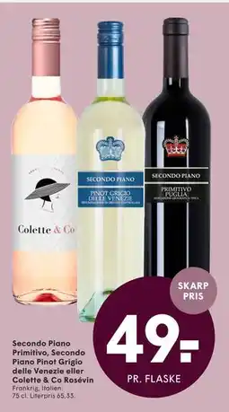 SPAR Secondo Piano Primitivo, Secondo Piano Pinot Grigio delle Venezie eller Colette & Co Rosévin tilbud