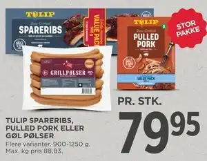 MENY TULIP SPARERIBS, PULLED PORK ELLER GØL PØLSER tilbud