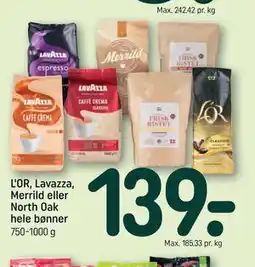 REMA 1000 L'OR, Lavazza, Merrild eller North Oak hele bønner tilbud