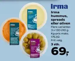 Kvickly Irma hummus, spreads eller oliven tilbud