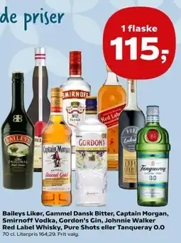 Kvickly Baileys Likør, Gammel Dansk Bitter, Captain Morgan, Smirnoff Vodka, Gordon's Gin, Johnnie Walker Red Label Whisky tilbud