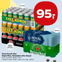 Kvickly Faxe Kondi eller Pepsi Max, Heineken eller Royal tilbud