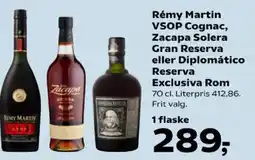 Kvickly Rémy Martin VSOP Cognac, Zacapa Solera Gran Reserva eller Diplomático Reserva Exclusiva Rom tilbud