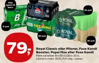 Kvickly Royal Classic eller Pilsner, Faxe Kondi Booster, Pepsi Max eller Faxe Kondi tilbud