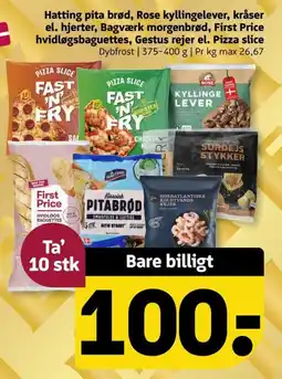 Løvbjerg Hatting pita brød, Rose kyllingelever, kråser el. hjerter, Bagværk morgenbrød, First Price hvidløgsbaguettes tilbud