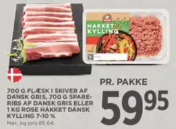 MENY Forskellige pakkede kødudskæringer (flæsk i skiver, spareribs, hakket kylling) tilbud