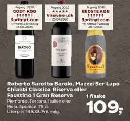 SuperBrugsen Roberto Sarotto Barolo, Mazzei Ser Lapo Chianti Classico Riserva eller Faustino I Gran Reserva tilbud