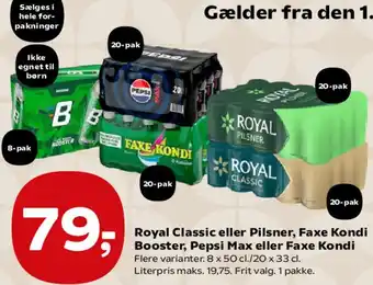 SuperBrugsen Royal Classic eller Pilsner, Faxe Kondi Booster, Pepsi Max eller Faxe Kondi tilbud