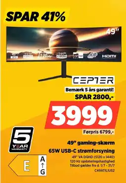 Power Cepter 49" gaming-skærm 65W USB-C strømforsyning tilbud