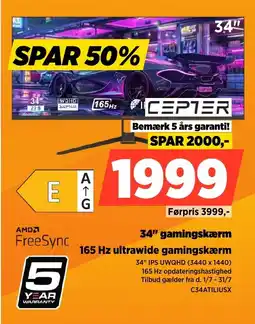 Power Cepter 34" gamingskærm 165 Hz ultrawide gamingskærm tilbud