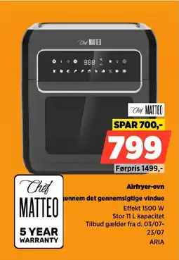 Power Chef Matteo Airfryer-ovn gennem det gennemsigtige vindue tilbud