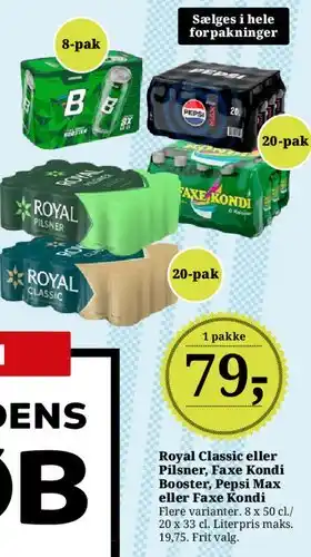 Dagli'Brugsen Royal Classic eller Pilsner, Faxe Kondi, Booster, Pepsi Max tilbud