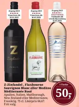 Dagli'Brugsen Z-Zinfandel, Flaxbourne Sauvignon Blanc eller Mediteo Méditerannée Rosé tilbud