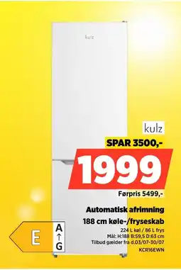 Power Kulz Automatisk afrimning 188 cm køle-/fryseskab tilbud