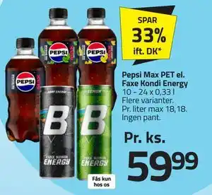 Fleggaard Pepsi Max PET el. Faxe Kondi Energy tilbud