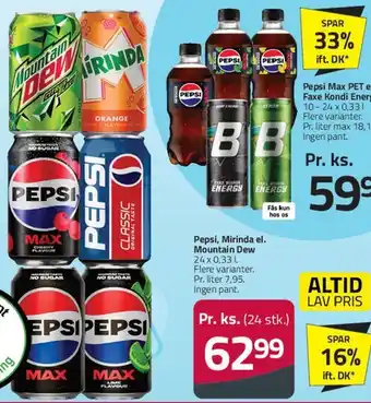 Fleggaard Pepsi / Mirinda / Mountain Dew (24 x 0,33 l) tilbud
