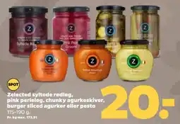 Netto Zelected syltede rødløg, pink perleløg, chunky agurkeskiver, burger sliced agurker eller pesto tilbud