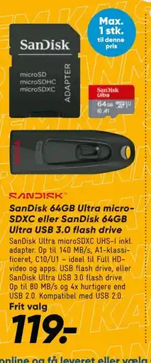 Bilka SanDisk 64GB Ultra microSDXC eller SanDisk 64GB Ultra USB 3.0 flash drive tilbud
