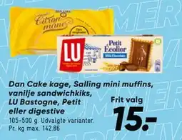Bilka Dan Cake kage, Salling mini muffins, vanilje sandwichkiks, LU Bastogne, Petit eller digestive tilbud