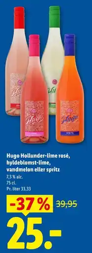 Lidl Hugo Hollunder-lime rosé, hyldeblomst-lime, vandmelon eller spritz tilbud