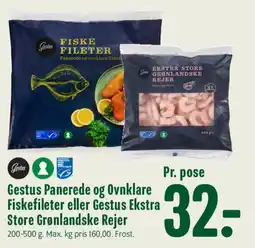 Min Købmand Gestus Panerede og ovnsklare fiskefileter / Gestus Ekstra Store Grønlandske Rejer tilbud