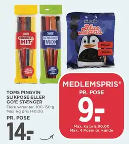 MENY Toms Pingvin slikpose eller Go'e stænger tilbud