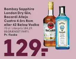SPAR Bombay Sapphire London Dry Gin, Bacardi Añejo Cuatro 4 års Rom eller 42 Below Vodka tilbud