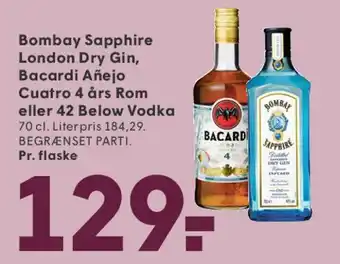 SPAR Bombay Sapphire London Dry Gin, Bacardi Añejo Cuatro 4 års Rom eller 42 Below Vodka tilbud