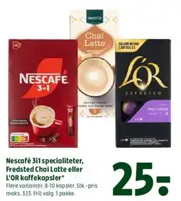 Coop 365 Nescafé 3i1, Chai Latte eller L'OR kaffekapsler tilbud