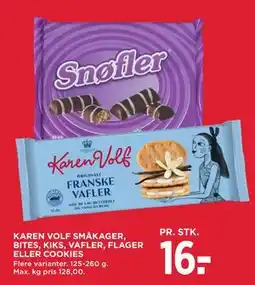 MENY KAREN VOLF SMÅKAGER, BITES, KIKS, VAFLER, FLAGER ELLER COOKIES tilbud