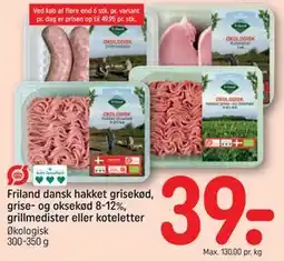 REMA 1000 Friland dansk hakket grisekød, grise- og oksekød 8-12%, grillmedister eller koteletter tilbud