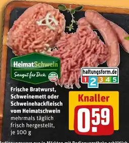 REWE DE Frische Bratwurst, Schweinemett oder Schweinehackfleisch vom Heimatschwein tilbud