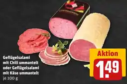 REWE DE Geflügelsalami mit Chili ummantelt oder Geflügelsalami mit Käse ummantelt tilbud
