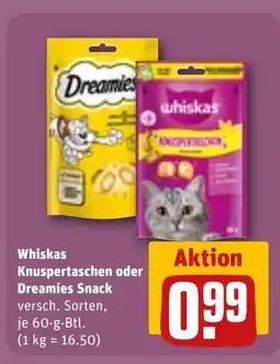 REWE DE Whiskas Knuspertaschen oder Dreamies Snack tilbud