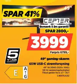 Power Cepter 49" gaming-skærm 65W USB-C strømforsyning tilbud
