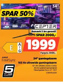 Power Cepter 34" gamingskærm 165 Hz ultrawide gamingskærm tilbud
