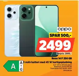 Power Oppo Reno 14 F 256 GB mAh batteri med 45 W hurtigopladning tilbud