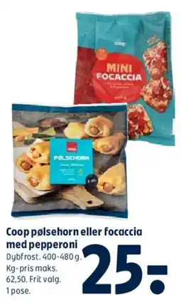 Coop 365 Coop pølsehorn eller focaccia med pepperoni tilbud